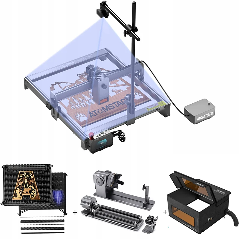 Atomstack A30 S30 X30Pro 160W Incisore Laser A 6 Core Integrato Air Assist Con Pannello Di Taglio F3 R1 Pro Roller Rotante Fb2 Enclosure