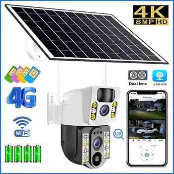 Solar Camera 8MP 4K 4G Sim Outdoor Dual Lens Wireless WiFi IP  Cam PIR Night Vision Auto Tracking Solar Panel Surveillance CCTV 1