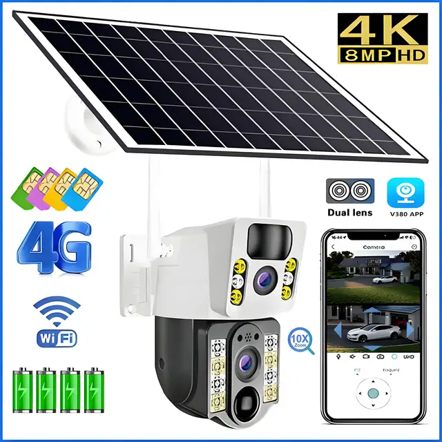 Solar Camera 8MP 4K 4G Sim Outdoor Dual Lens Wireless WiFi IP  Cam PIR Night Vision Auto Tracking Solar Panel Surveillance CCTV 1