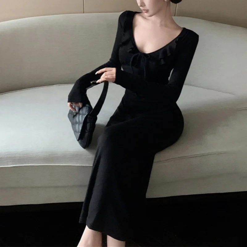 Women Dress y2k Clothes Solid Color Ruffle Tie Up V Neck Long Sleeve Bodycon Long Dresses Party Dresses Streetwear
