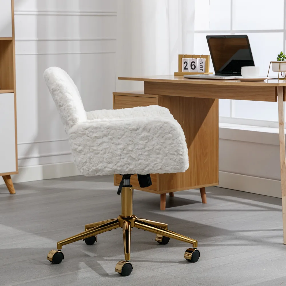 Artificial rabbit hair Home Office Chair with Golden Metal Base,Adjustable Desk Chair Swivel Office Chair,Vanity Chair(Beige) 6
