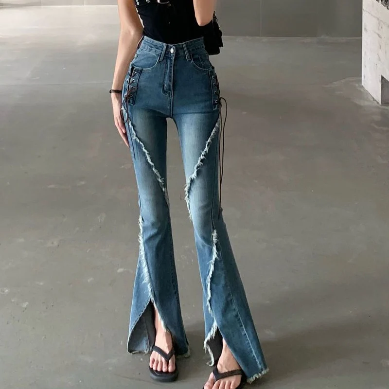 American Retro Jeans Women Hotsweet High Waist Vent Tassel Oversize Slim Pocket Lace-up Street Button Stretch Flared Trousers streetwear hip hop cargo jeans women y2k vintage grunge blue denim pants oversize retro punk high street wide leg trousers