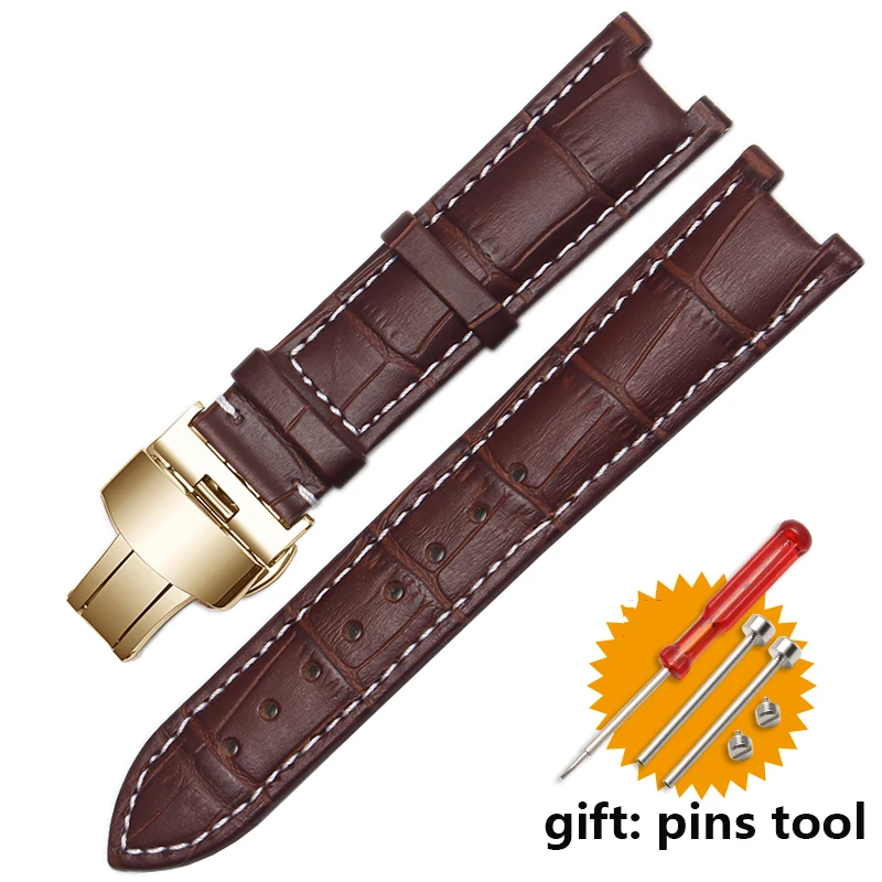Genuine Leather Watchband with Stainless Steel Butterfly Buckle, Notched Strap Design
