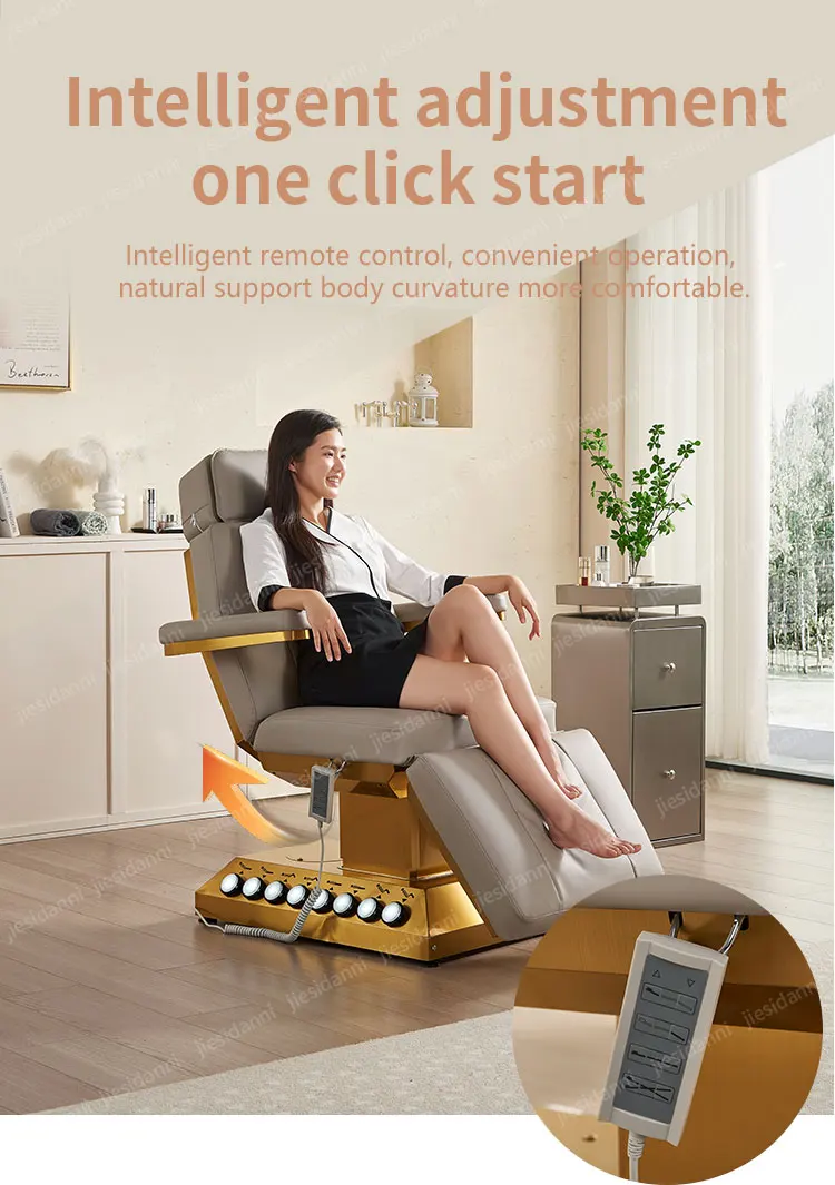 Description Picture 5 of itemLuxury Beauty Salon Furniture 4 Motors Electric Eyelashes Extension Bed Gold Base Massage Table For Sale