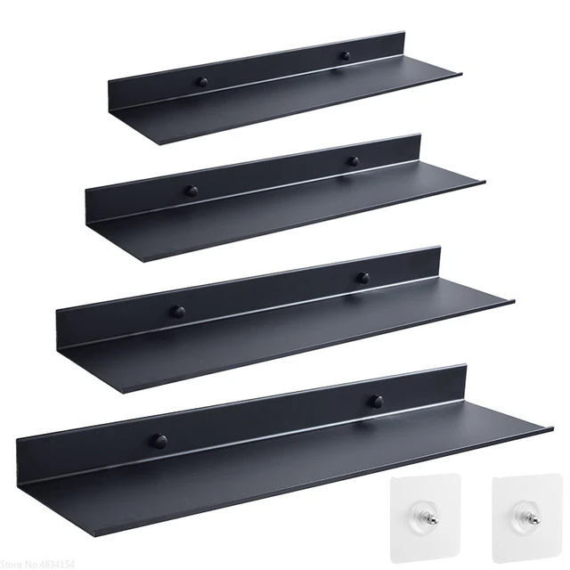 Bath Storage Rack ชั้นวางของลอย Matt สีดําห้องน้ําห้องครัวกระจกโลหะ Shower Organizer Home อุปกรณ์เสริมไม่มีเจาะ 1