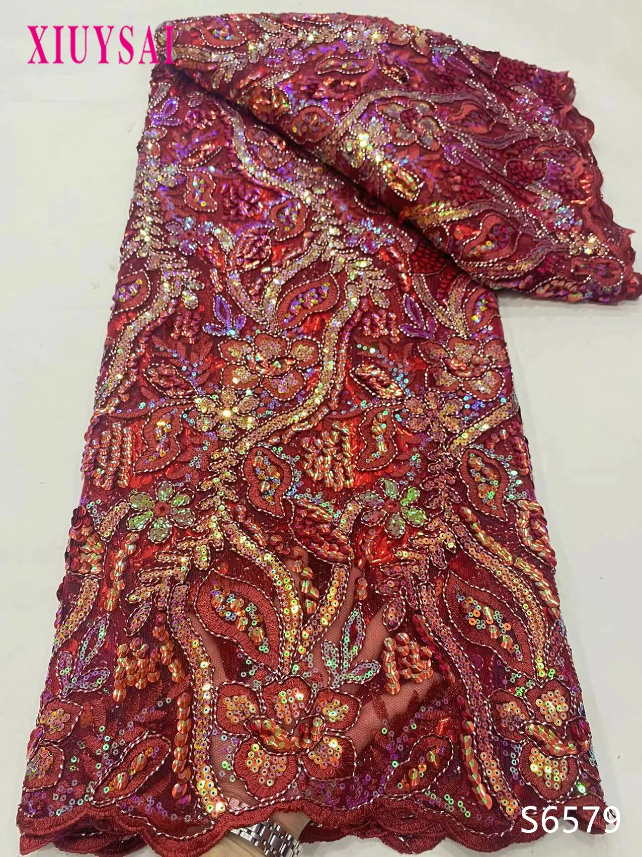 

2023 African High Quality Lace Fabric Latest Wine Red French Net Sequin Fabric Sewing Embroidered Lace in Tulle Nigeria Fabric