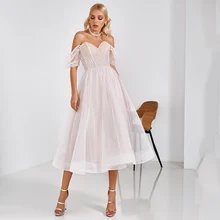 

Simple Elegant Dress For Women Off The Shoulder Tulle Prom Dresses For 2022 Ladies Tea Length V-neck Evening Gown Ruffled Ruched