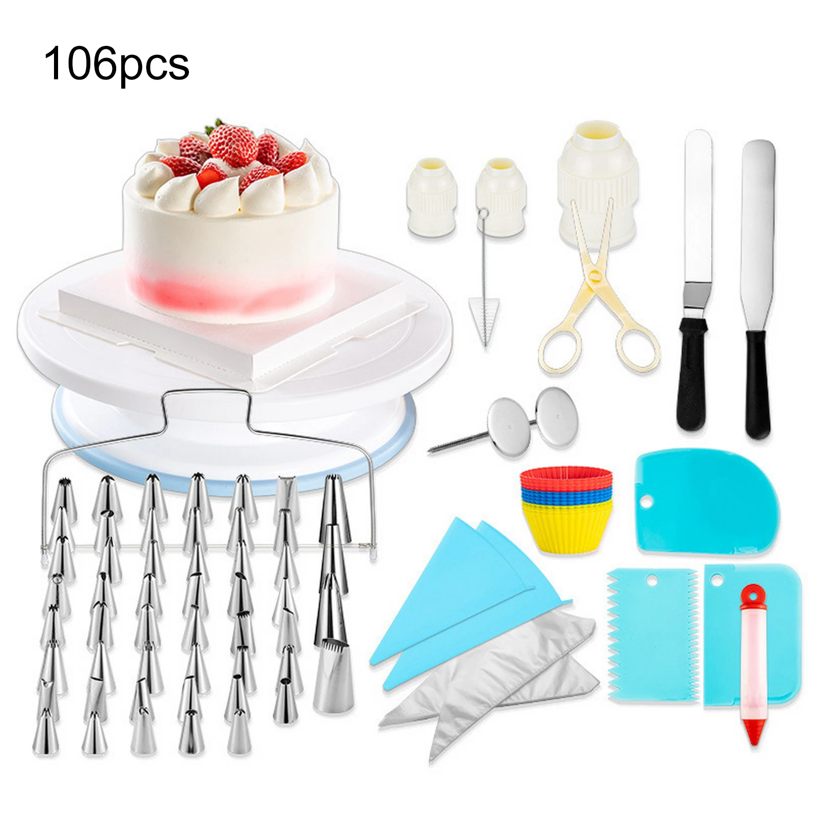 106Pcs Cake Decorating Turntable Set Tool Spatula Rotating Stand Nozzles Kit 11' 