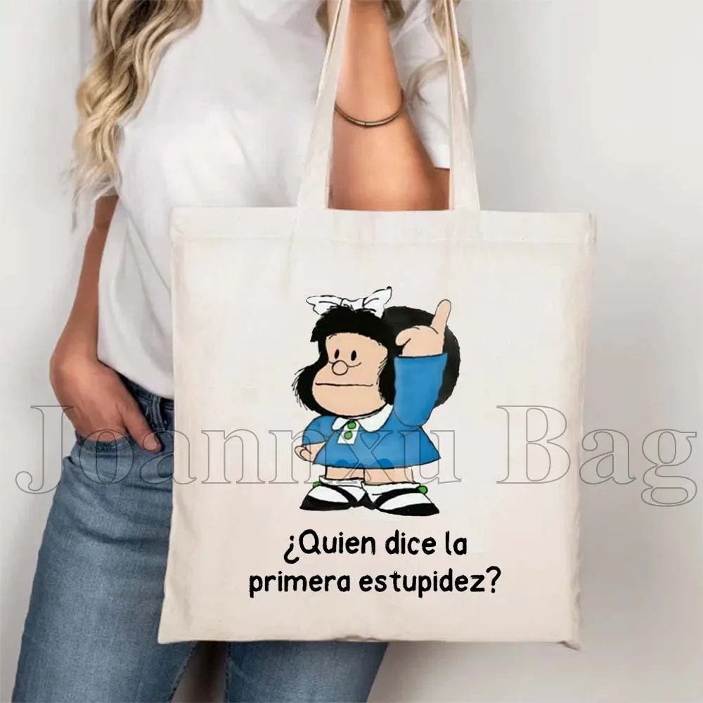 Funny Spanish Quotes Kawaii Cartoon Girl Mafalda Quino Comics Cute Mafalda Comics French Gifts Canvas Totes Bag Casual Handbags