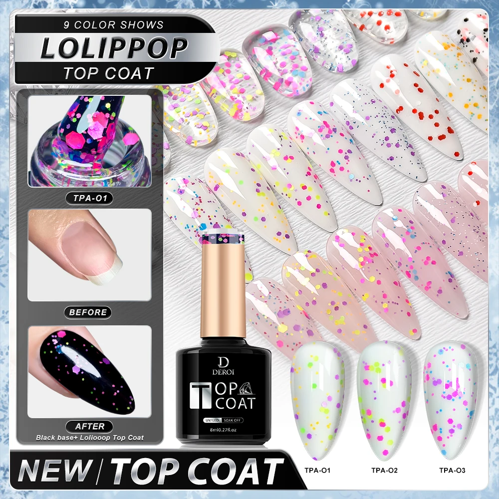 DEROI 2 IN 1 Glitter No Wipe Top Coat Gel Clear Nail Polish Flash Diamond Top Coat UV Gel Matte Topcoat Soak Off Manicure 8ml 6