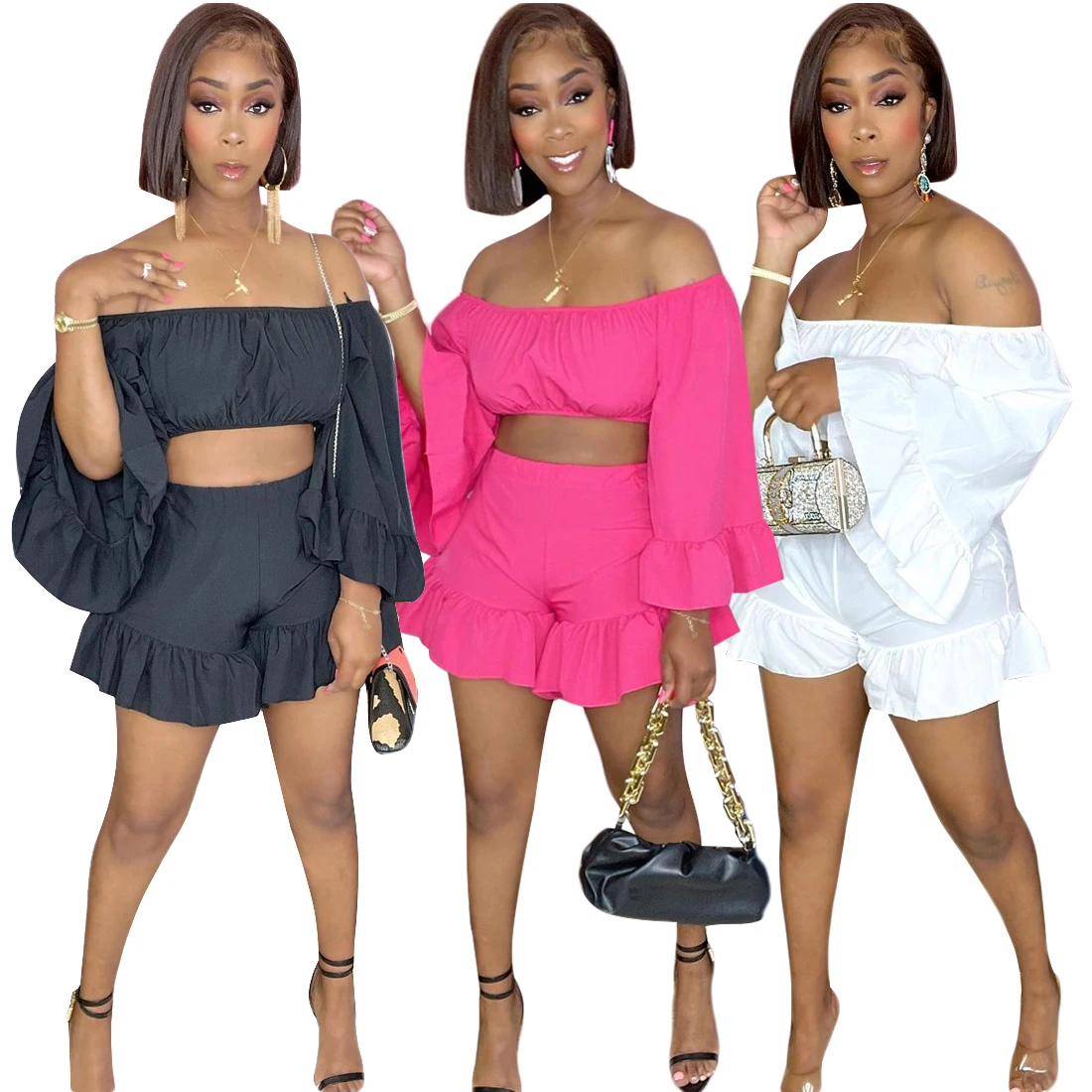 H.Y 2022 Summer New Women's Fashion Sexy Fresh And Sweet Solid Color Off-The-Shoulder Ruffled Shorts Two-Piece Set K7041