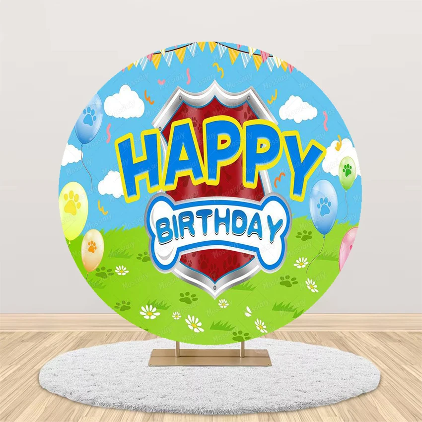 라운드 퍼트롤 테마 배경 어린이 생일 파티 베이비 샤워 세례식 파티 장식 배경 스트레치 원단