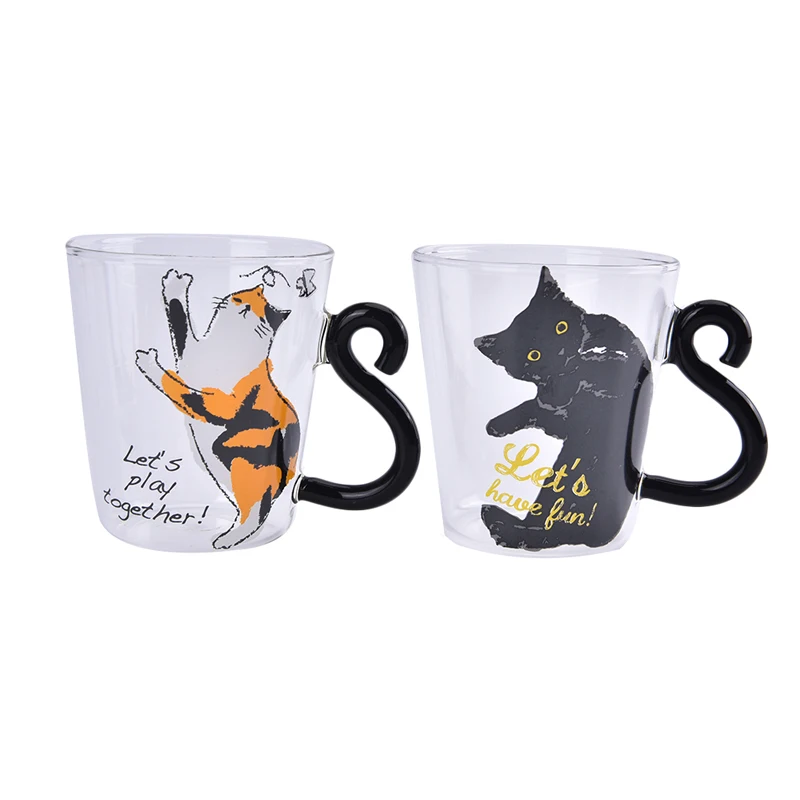 1PCS 250ml Cute Cat Glass Juice Coffee Cup Milk Tea Glass Mug Cat Tail Handle Valentine's Day Lover Gifts Stainless Spoon glass cup
