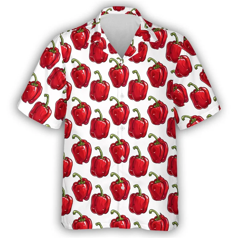 thumbnail image 1 of Camisa hawaiana con estampado 3D de pimientos, tomates y zanahorias para hombre, blusas hawaianas con estampado de verduras verdes, blusas informales con solapa, 1 of 5