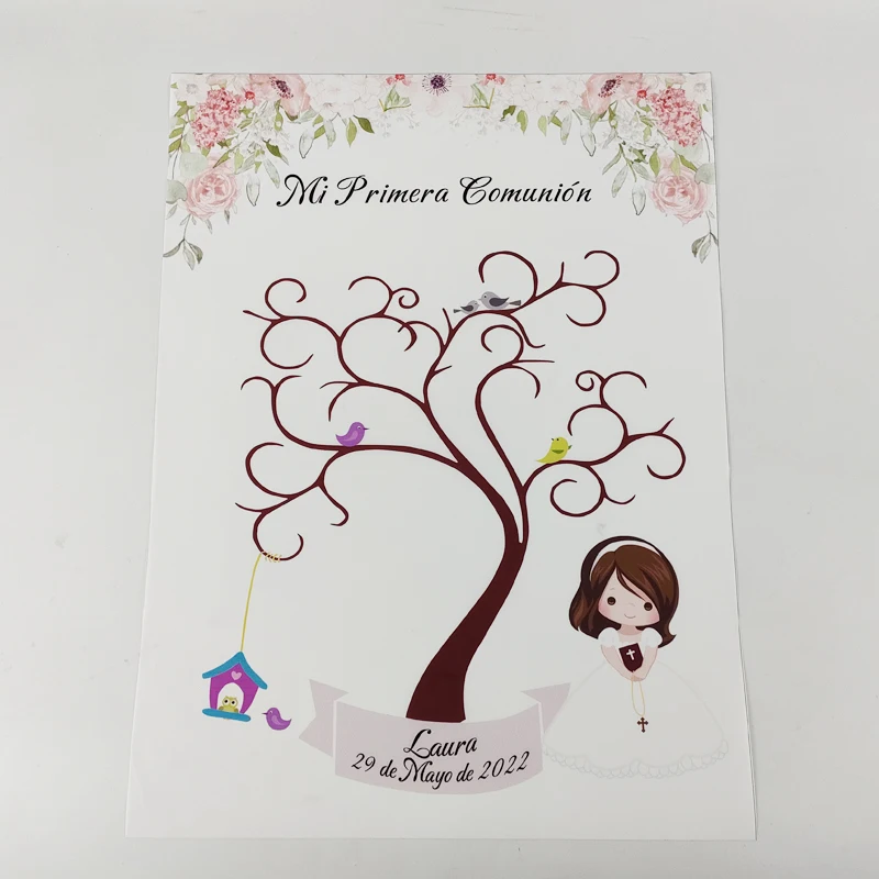 Theme Name Date Fingerprint DIY Tree Leaf Signature Guestbook For Kids First Holy Communion Souvenir Fingerprint Painting