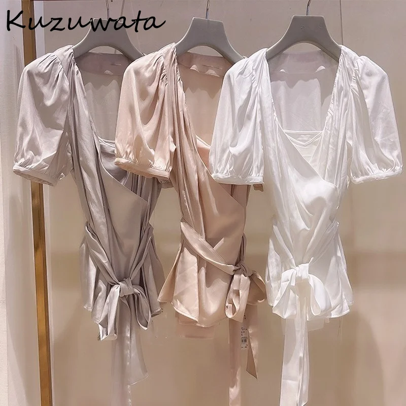 Kuzuwata 2022 Summer New Women Shirt Japanese Sweet Temperament Blusas V Neck Pulff Sleeve 