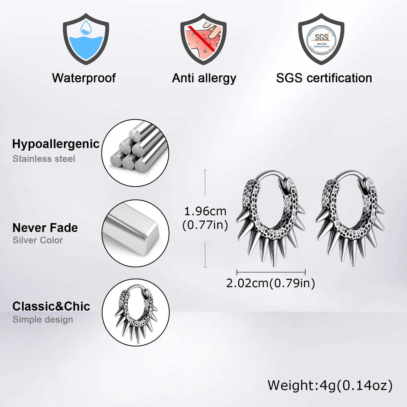 Rock Punk Men's Rivet Hoop Earring,Waterproof Stainless Steel Huggies Hoop Earring,Biker Party Jewelry Hypoallergenic Earring