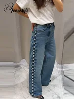 Bead Women's Denim Jean Loose High Waisted Pockets Zipper All-match Straight Leg Trouser Female 2025 Y2k Street Lady Outwear 1