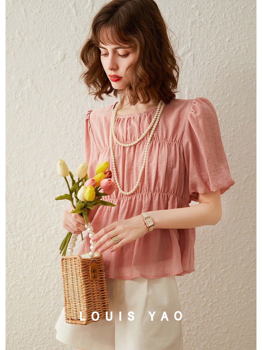 LOUIS YAO Women Shirt 2024 Summer Ruffled Flounce Shirt Round Neck Short Sleeve Fashionable Puff Sleeve Pink Blouse Top