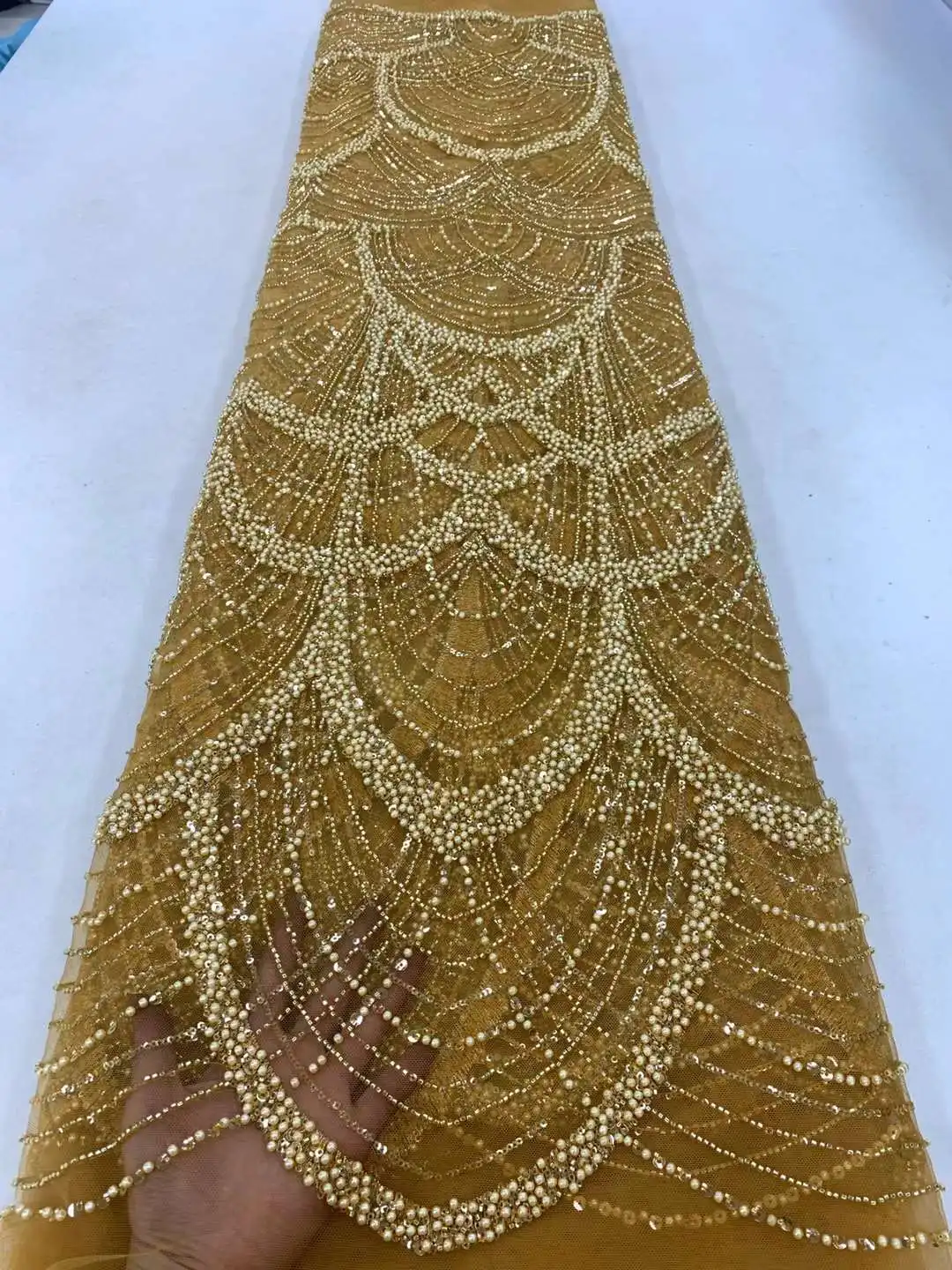 

Gold African Groom Beaded Lace Fabric 2023 High Quality French Nigerian Sequined Mesh Lace Fabric For Sewing Wedding Party Dress