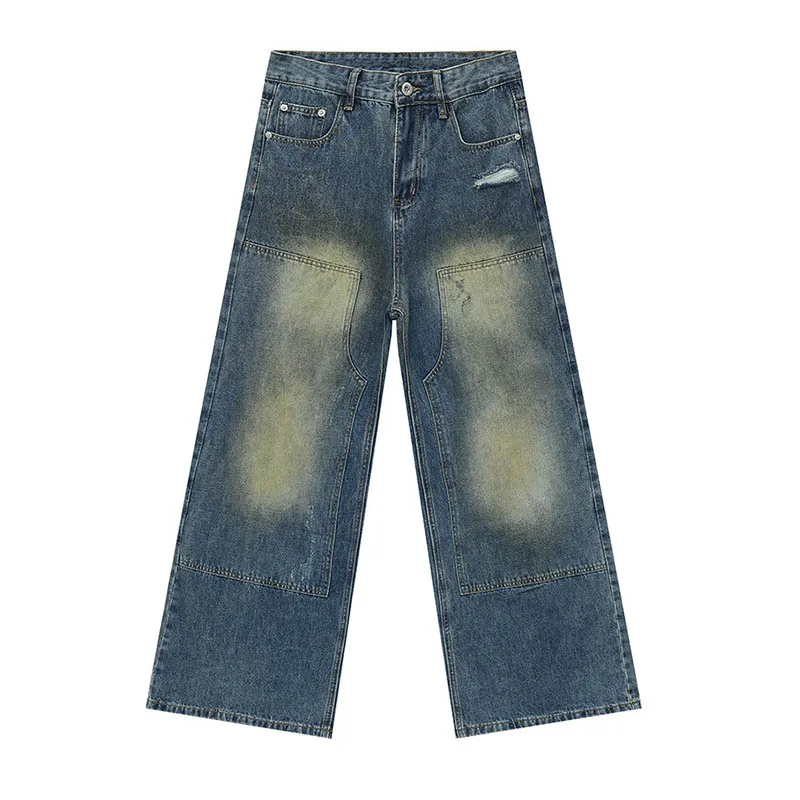 

Hi Street Vintage Ripped Jeans Pants 2024 Spring Autumn Washed Denim Trousers For Male Blue