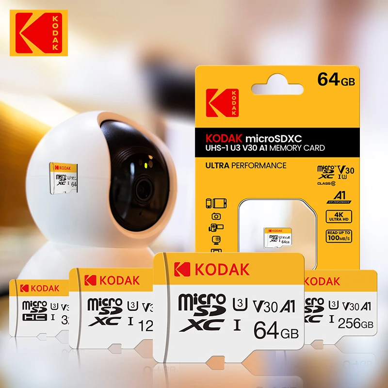 KODAK 마이크로SD 메모리 카드, 카드 리더 어댑터 포함, PC용 마이크로SD, 클래스 10 U3, 128GB, 256GB, 최대 100 MB/s, 32GB, 64GB, TF 카드, 4K HD