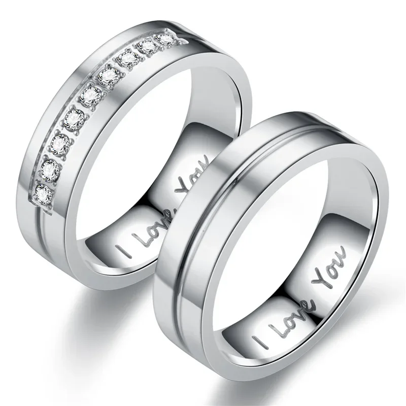 Stainless Steel Couple Engagement Rings For Women Men Crystal I LOVE YOU Wedding Jewelry Gift