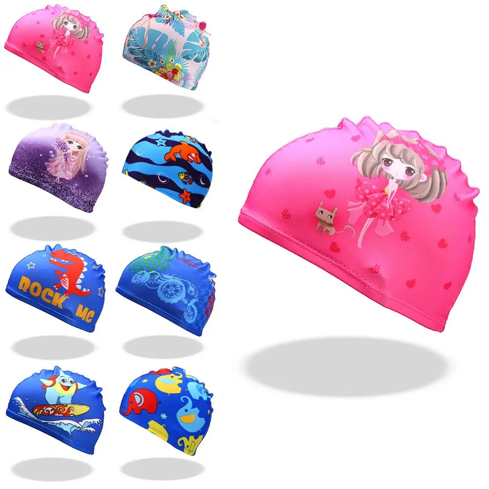 Kids Cartoon Swimming Caps Digital Printing High Elastic Sports Swim Pool Protect Ears Hat Swim Bathing Diving Hats Boys Girls