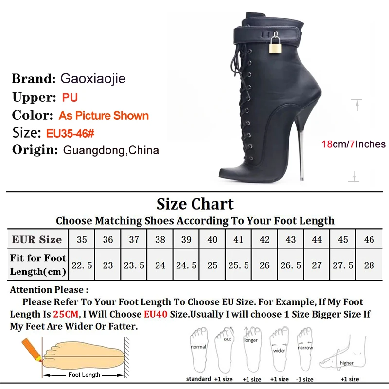 Black Ankle Boots 2025 New Super High Metal Fine Heel 18CM Pointed Lockable Short Boots Women Plus Size 44 45 46 Fetish Shoes