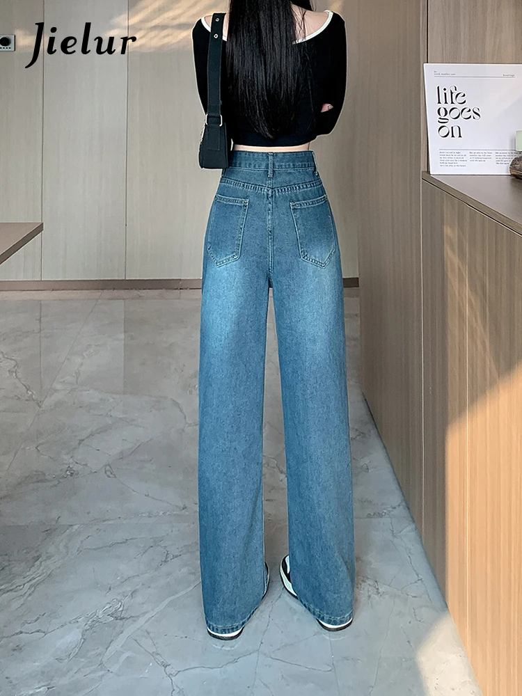 Jielur Autumn Casual Loose Women Jeans New High Waist Slim Chicly Straight Leg Jeans Female Blue Fashion Basic  Street Pants