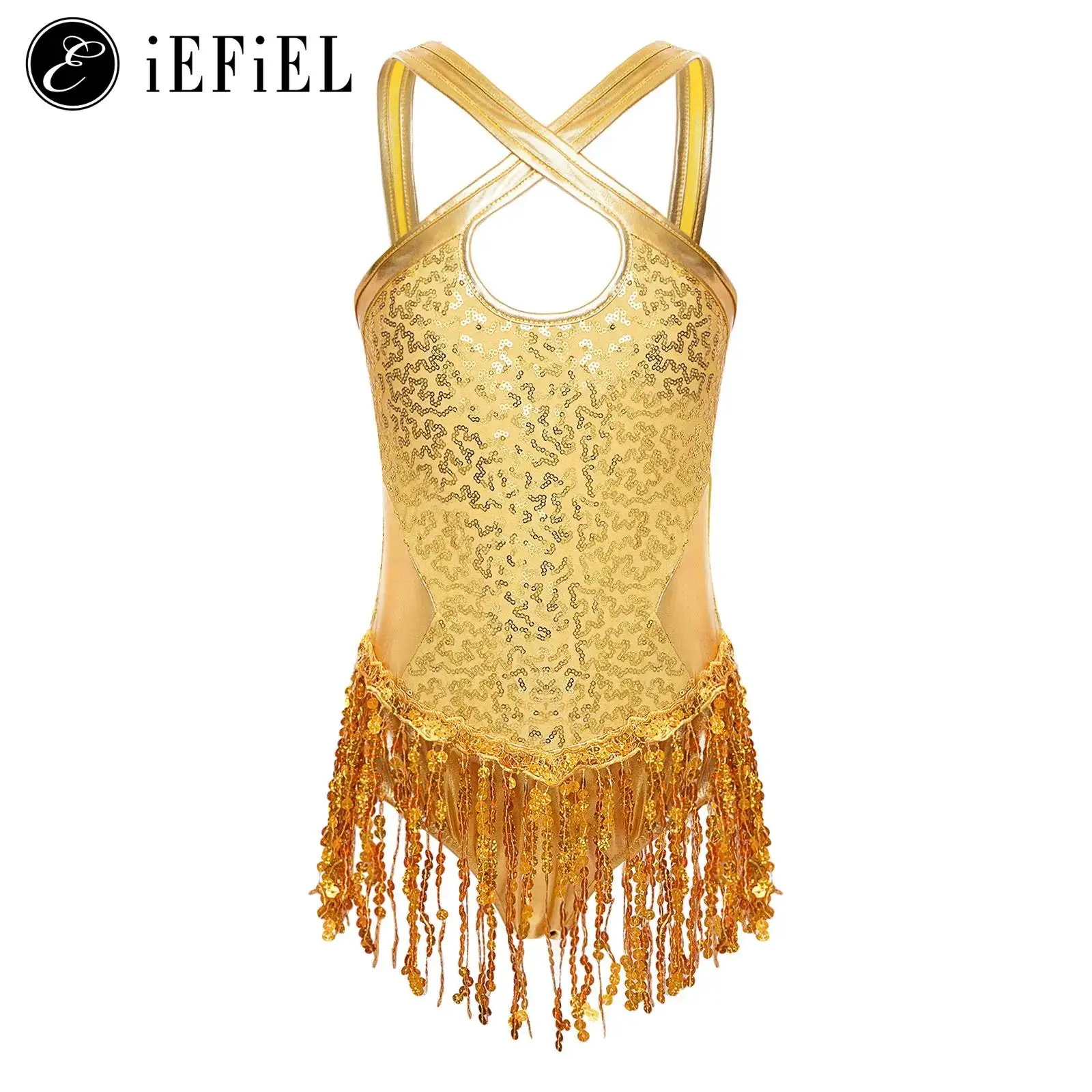 

Детский костюм для девочек с блестящими блестками в стиле современного джаза, хип-хоп, уличный танцевальный костюм с лямкой на шее, трико с перекрестными лямками, платье с бахромой для выступлений на сцене