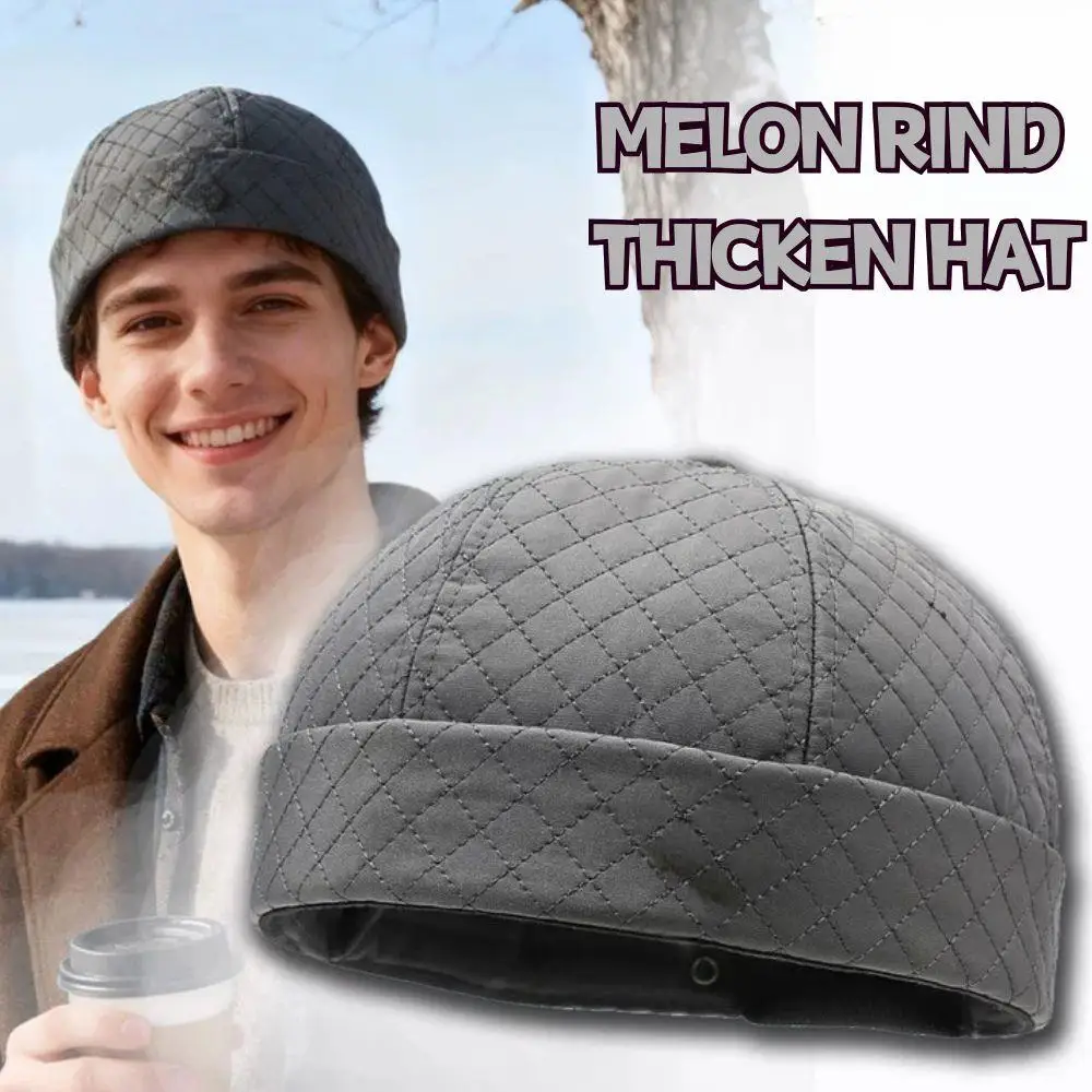 Square Grid Dome Melon Cap Men Brimless Hat Hip Hop Landlord Hat Autumn Winter Fleece-Lined Thicken Skullies Beanie Docker Cap