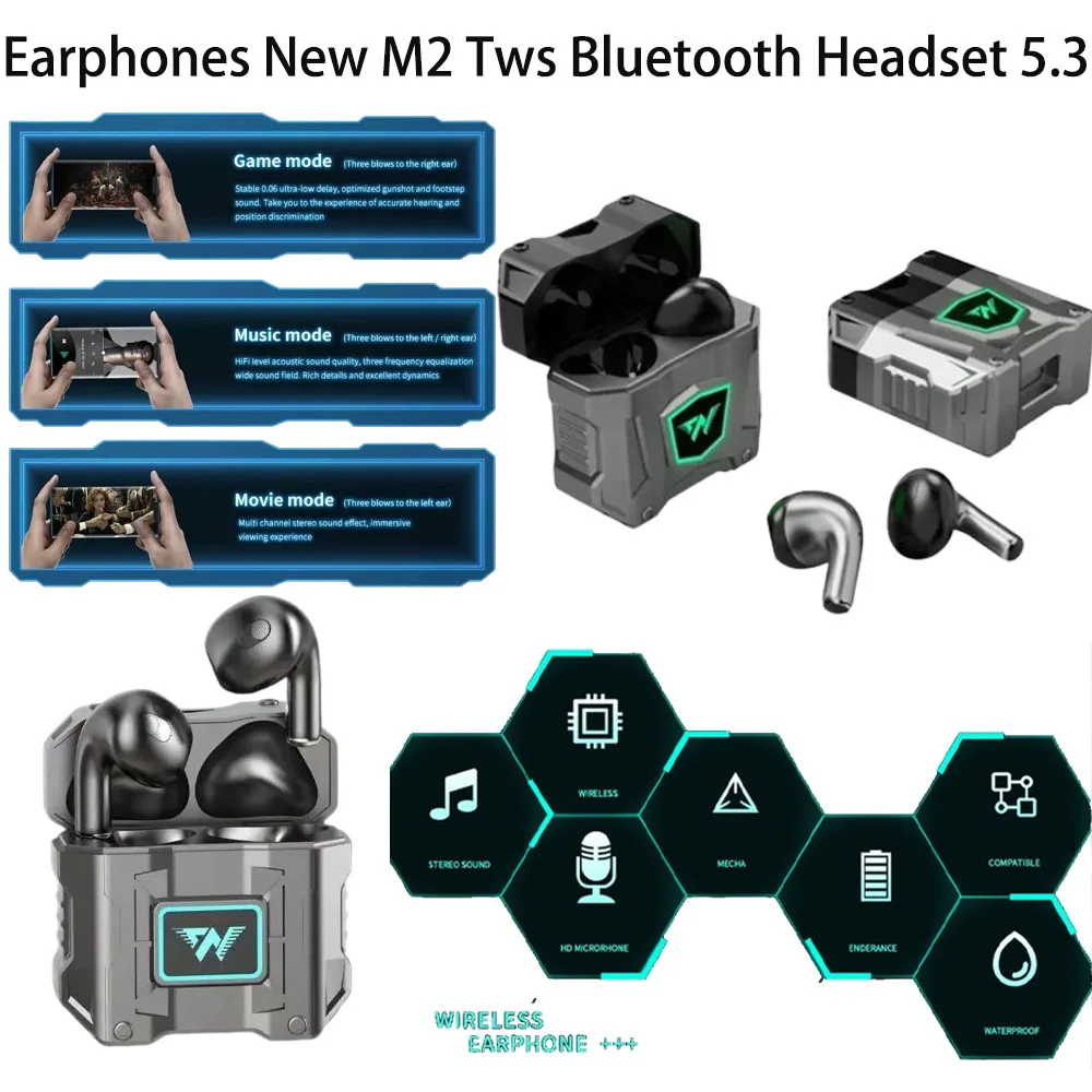 

Earphones New M2 Tws Bluetooth Headset 5.3 Waterproof Extra long standby Noise Reduction WirelessK78Headset Three Mode in EarENC