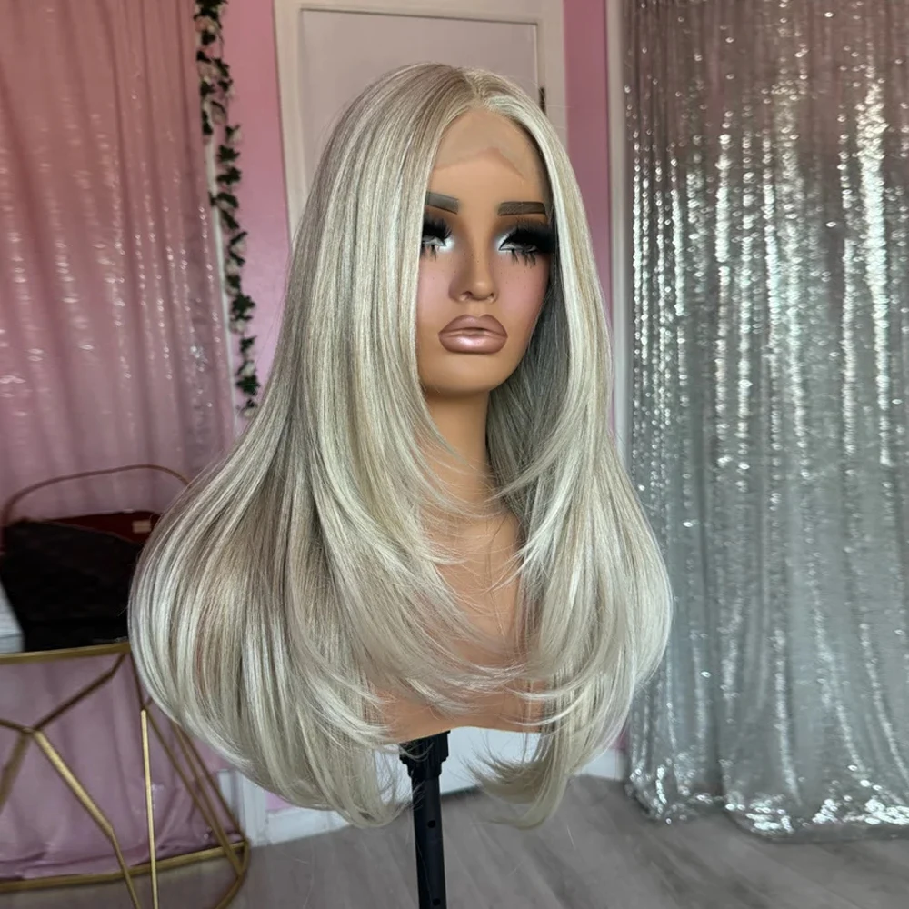 Creamy Ash Blonde Platinum Balayage Straight Wig Premium Human Hair Blend HD Invisible Lace Front Wig 13x4 Free Part