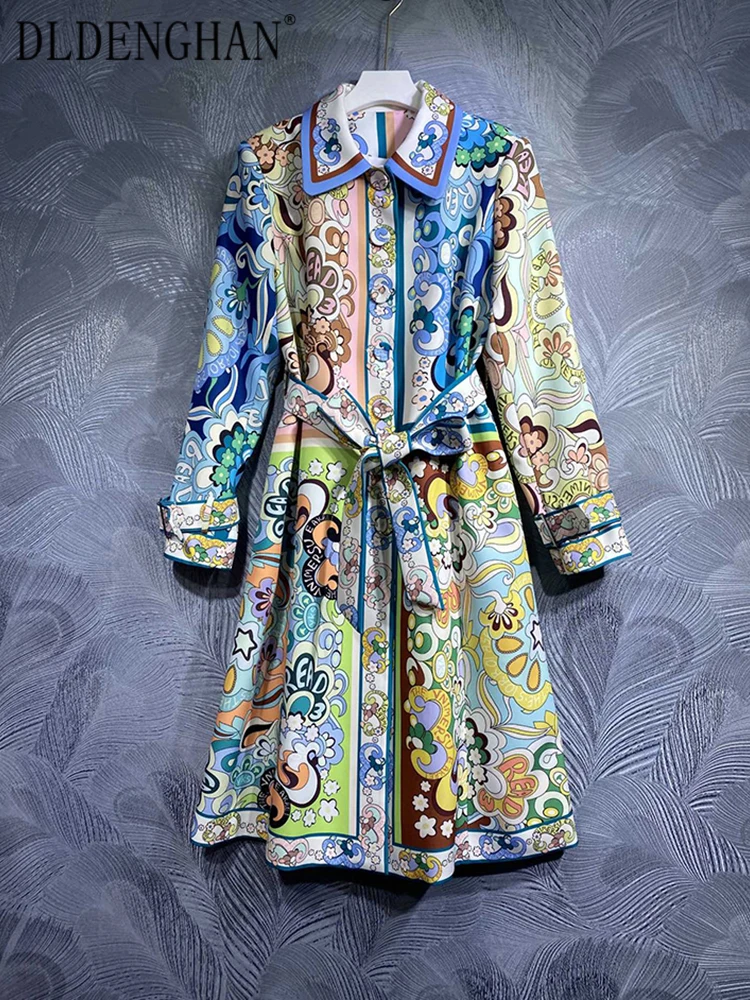 

DLDENGHAN Fashion Autumn Winter Trench Coats Women Turn-down Collar Long Sleeve Belt Single Breasted Indie Folk Print Outwear