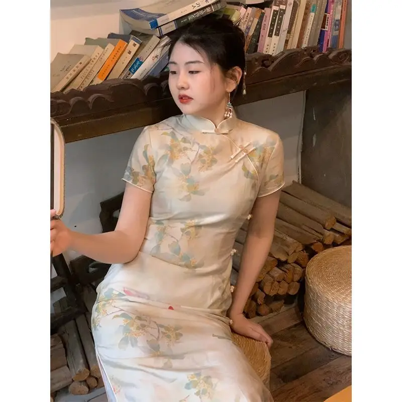 

Elegant Cheongsam Floral Women Vintage Daily Wedding Dress Slim Summer Casual Dresses New Chinese Style Qipao S To Xxl