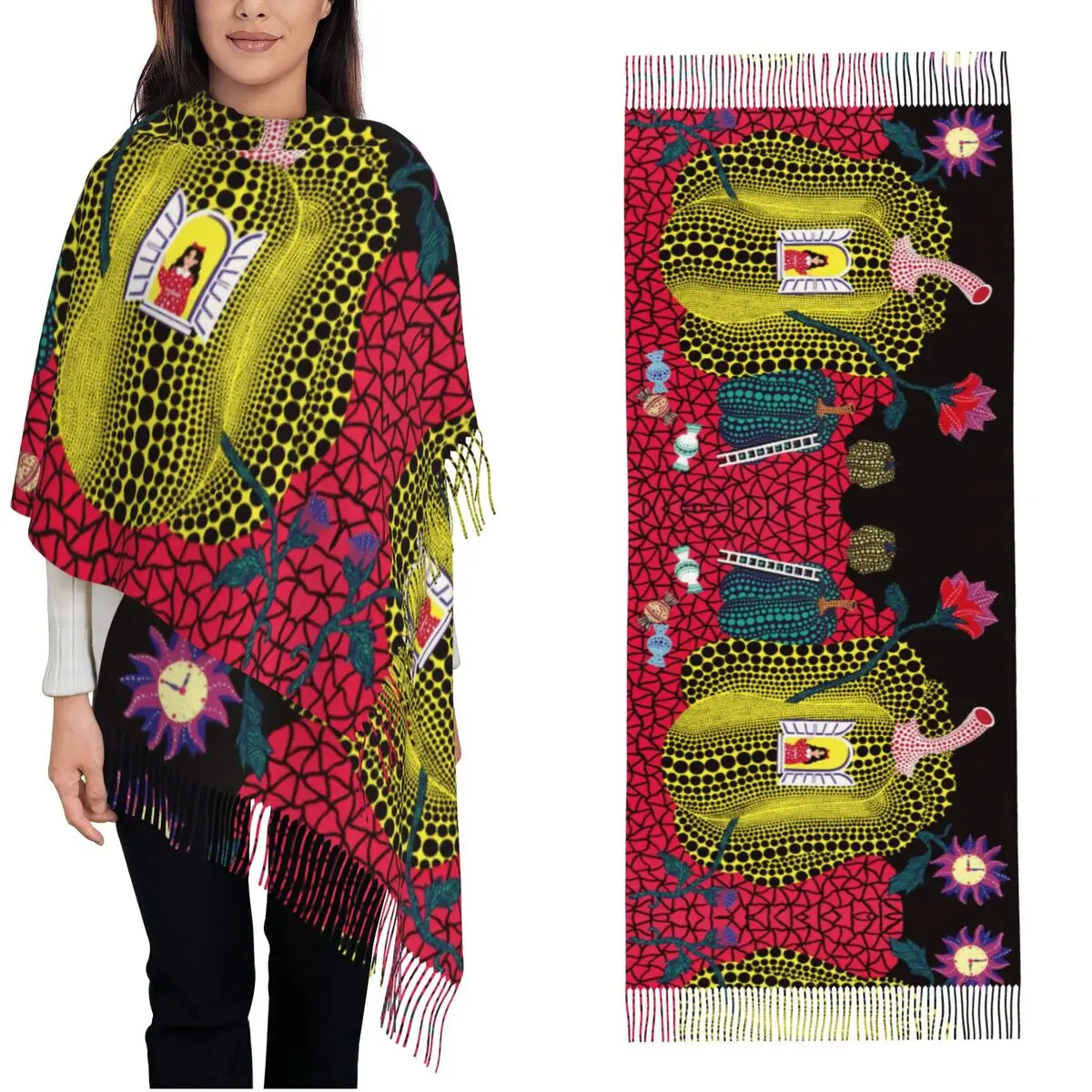 

Yayoi Kusama Polkadot, художественный шарф с тыквой кисточкой, шали, шали для женщин, теплый длинный мягкий шарф, пашмины