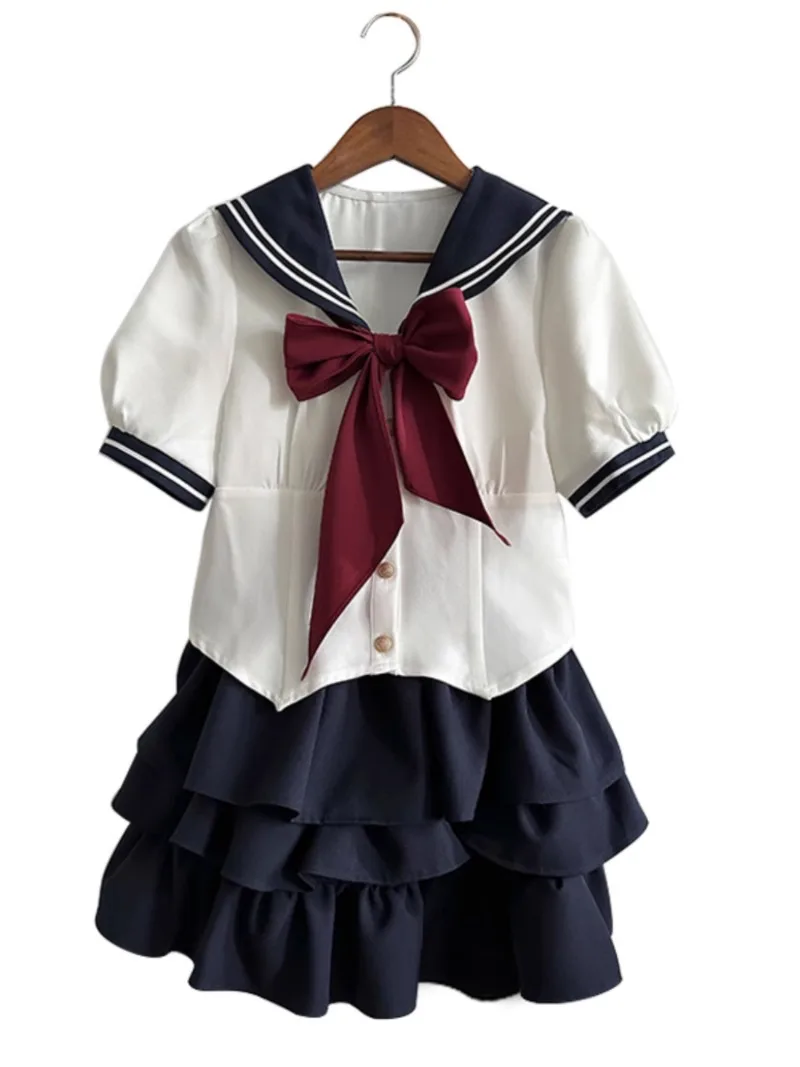 2024 New JK Lolita Uniform Preppy Style White Short-Sleeved Shirt Skirt Sailor Set Cute Waist-Tight Slimming Color Blocking Suit