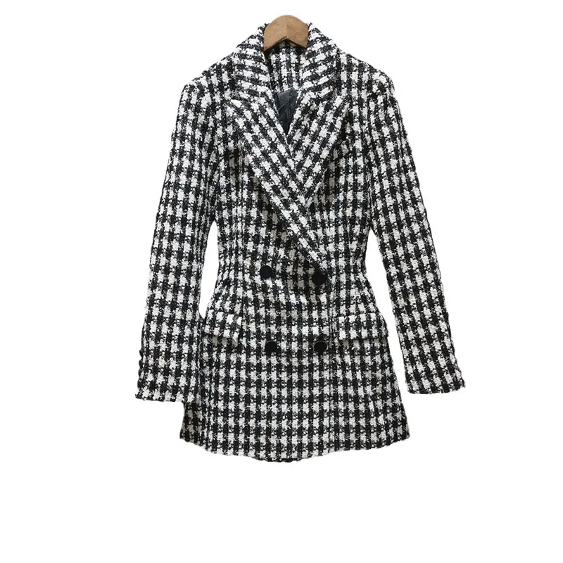 

High Quality New Long Blazer Dress Women Notched Collar Vintage Plaid Prints Long Sleeve Casual Blazer Coat Dress Outfits Ladies