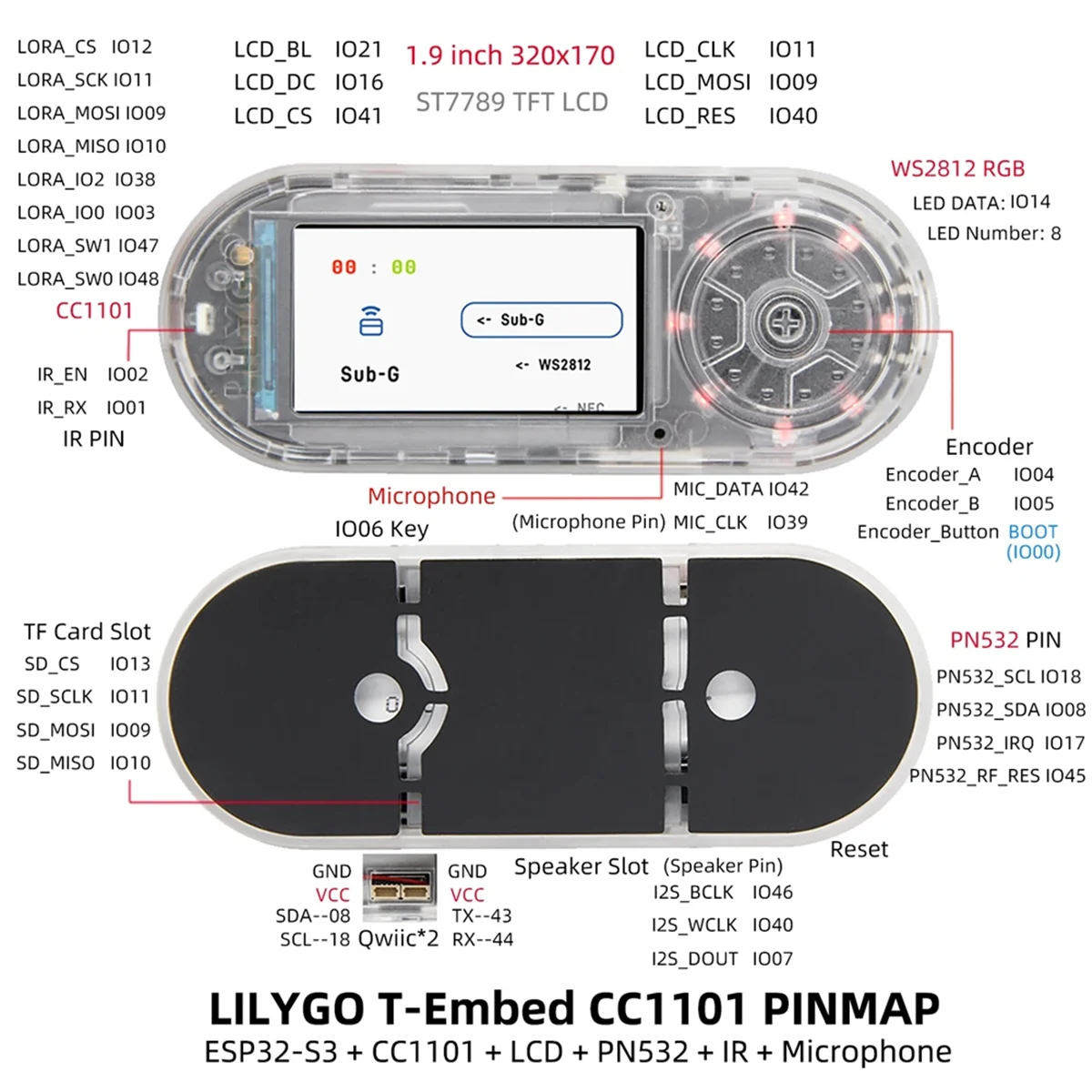 ABIY-LILYGO New T-Embed ESP32-S3 CC1101 Low-Power GHz RF Transceiver PN532 NFC RFID I2C Module LCD Board Battery 1300mAh