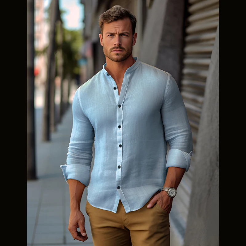 6 Colors! 2023 New Shirt Medieval Men's Vintage Cotton Hemp Crepe Henry Neck Shirts Cotton Casual Shirts Men