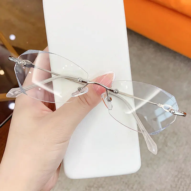 

Anti-Blue Light Myopia Glasses Diamond Cut Rimless Myopia Glasses 0 -1.0 to -5.0 Powder Glitter Fashion Design for Women