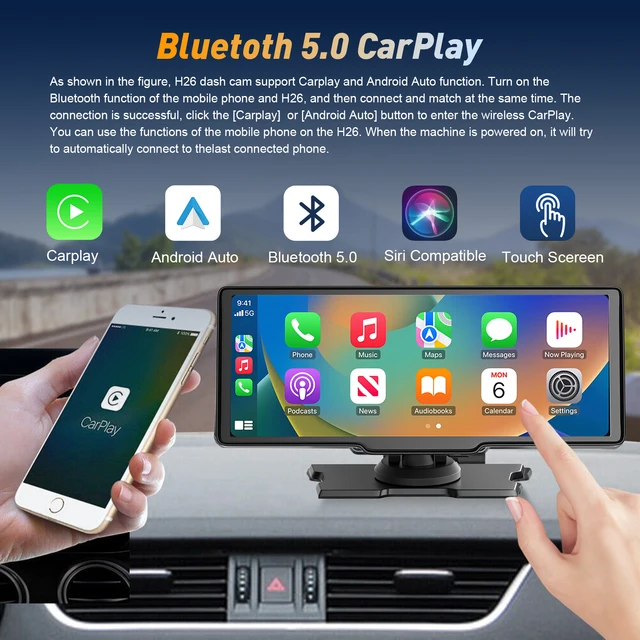 XGODY 10.26 inch Wireless Carplay Android Auto,4K Touchscreen Portable Car  Stereo,Voice Command,Dual Dash Camera for Car SUV Van