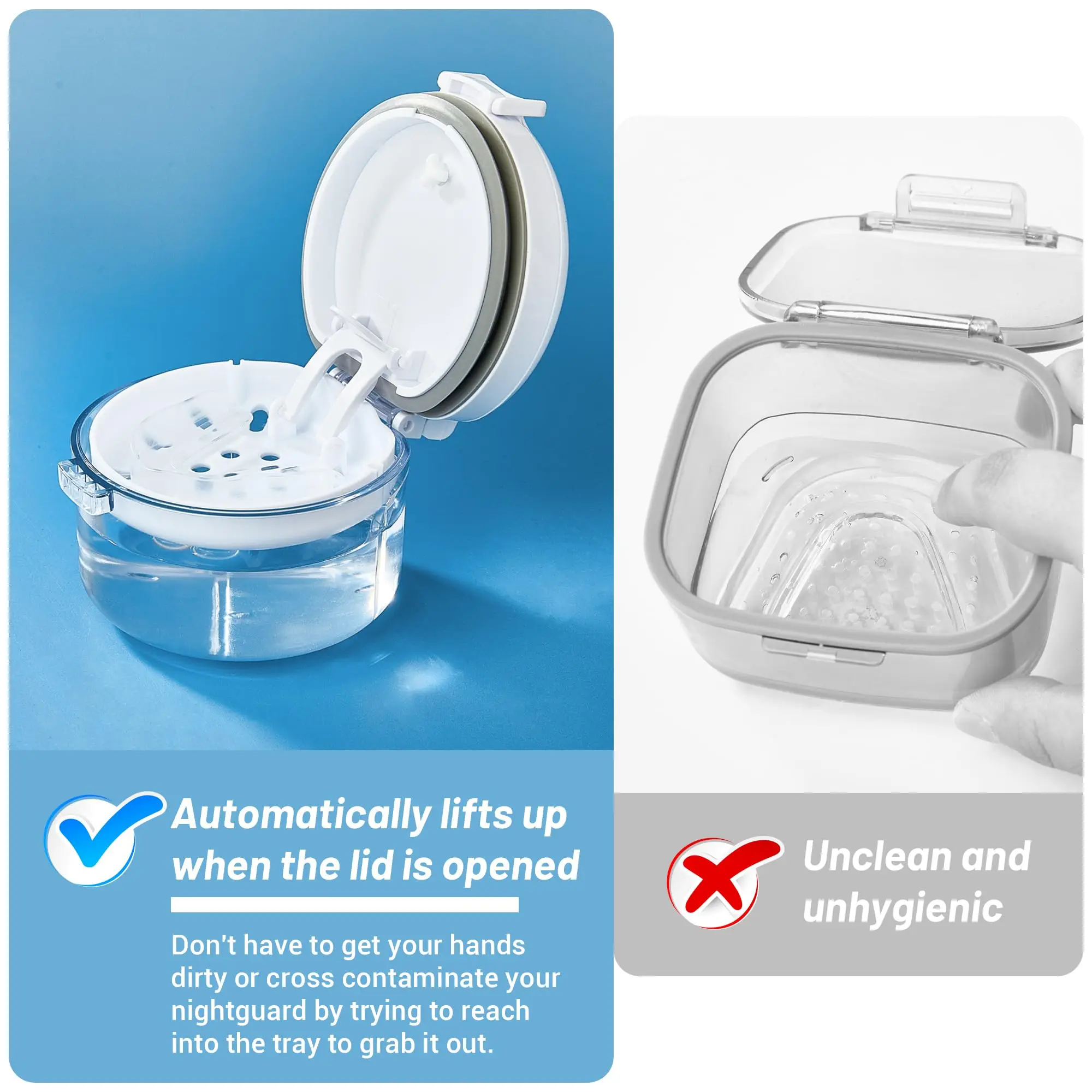 Denture Bath Box with Strainer Basket Mouth Guard Retainer Case Leak Proof Denture Storage Case for Travel Soaking Dentures