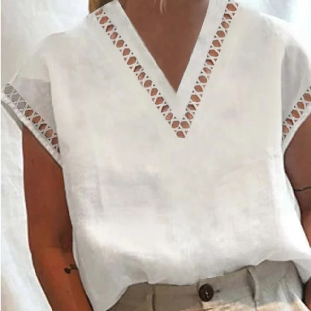 Женские винтажные топы, женская блузка, однотонная хлопковая льняная летняя шикарная туника с V-образным вырезом, кружевная Лоскутная белая блузка большого размера, блузки 1