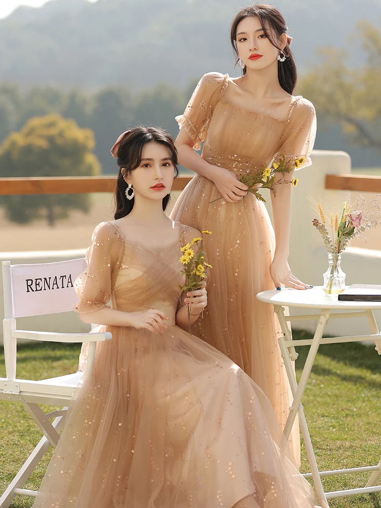 New Sequined 130CM khaki long sweat lady girl women princess bridesmaid banquet party party dress gown