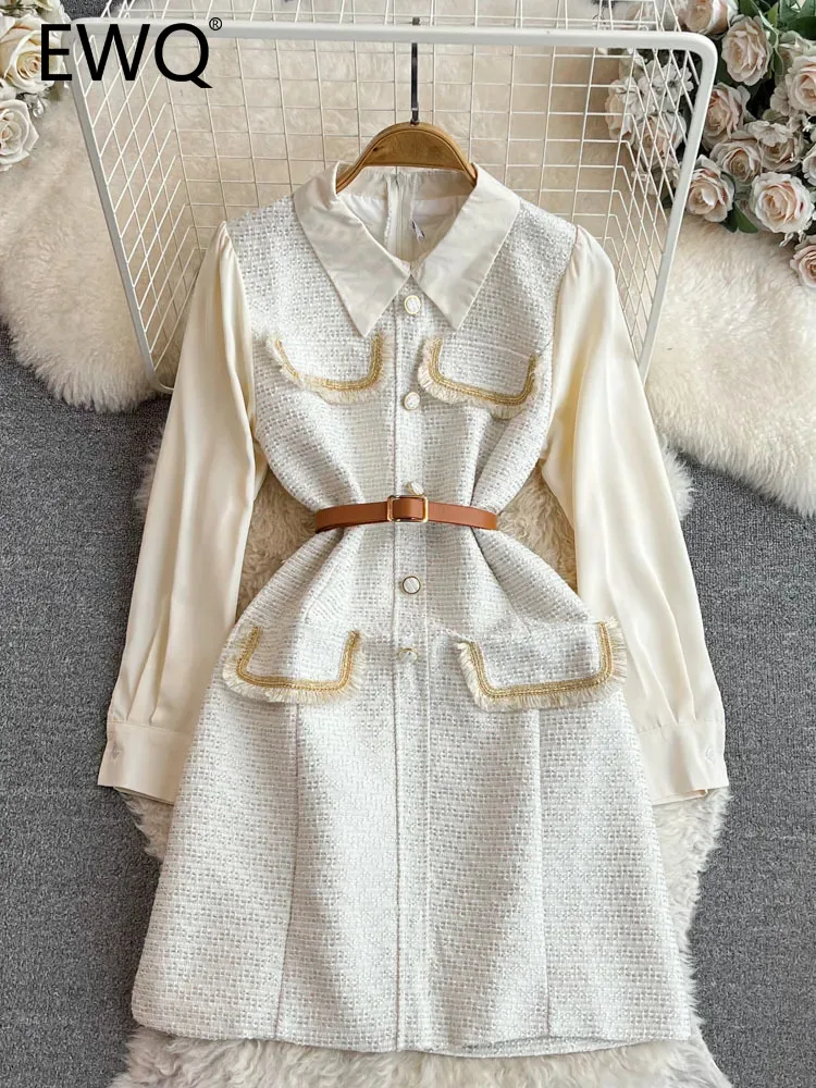 

Милое Стильное женское платье EWQ с имитацией двух частей, отложным воротником и длинным рукавом, однобортное платье с высокой талией, Осень-зима 2023, новинка SN4236