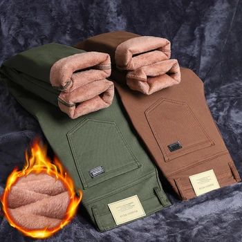 Winter New Cotton Fleece Jeans Men's Fit Straight Warm Plus Velvet Denim Pants Fashion Warm Soft Elasticity Casual Trousers 1