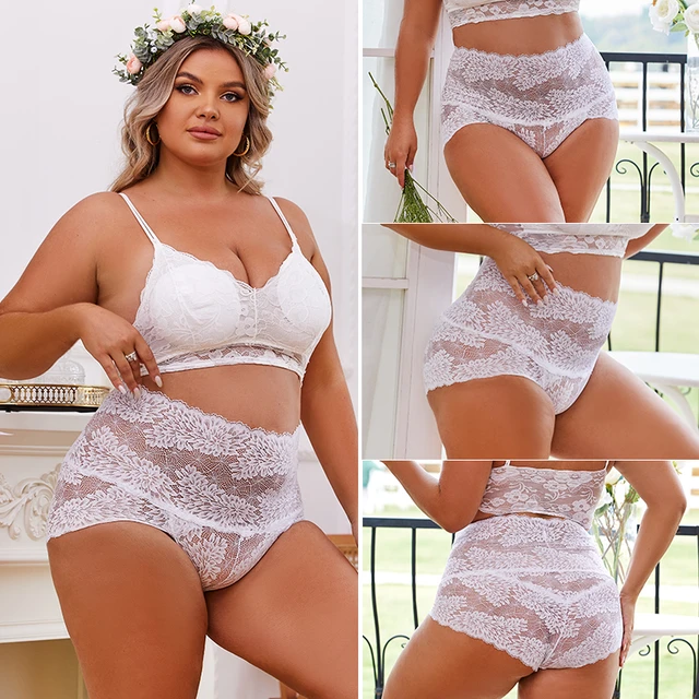 Plus Size Women Sexy Bra + High Waist Panty Lingerie Set - The