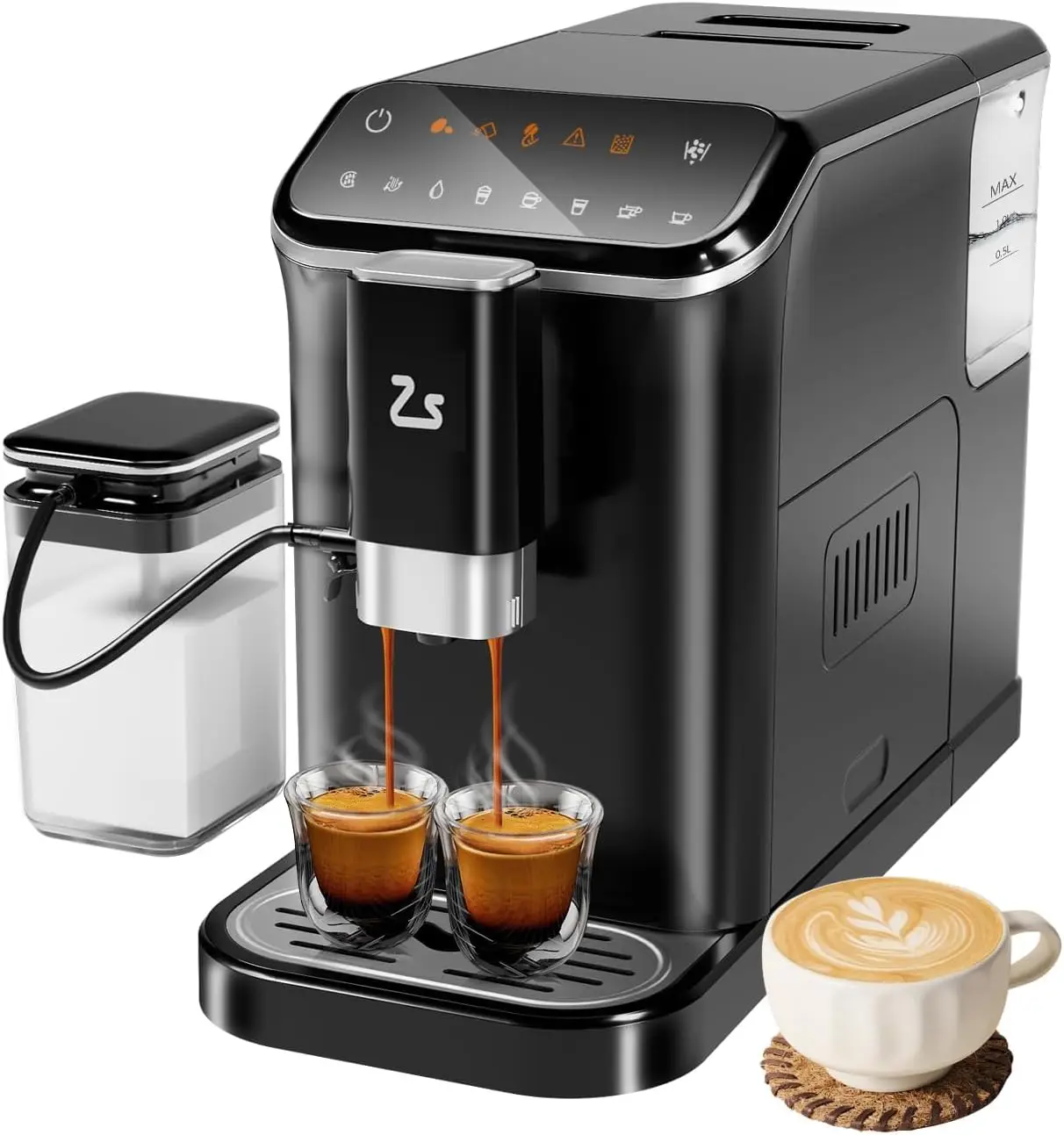 Fully Automatic Espresso Machine, Espresso & Coffee Machine with Automatic Milk Frother, Built-In & Adjustable Espresso Bean Gri